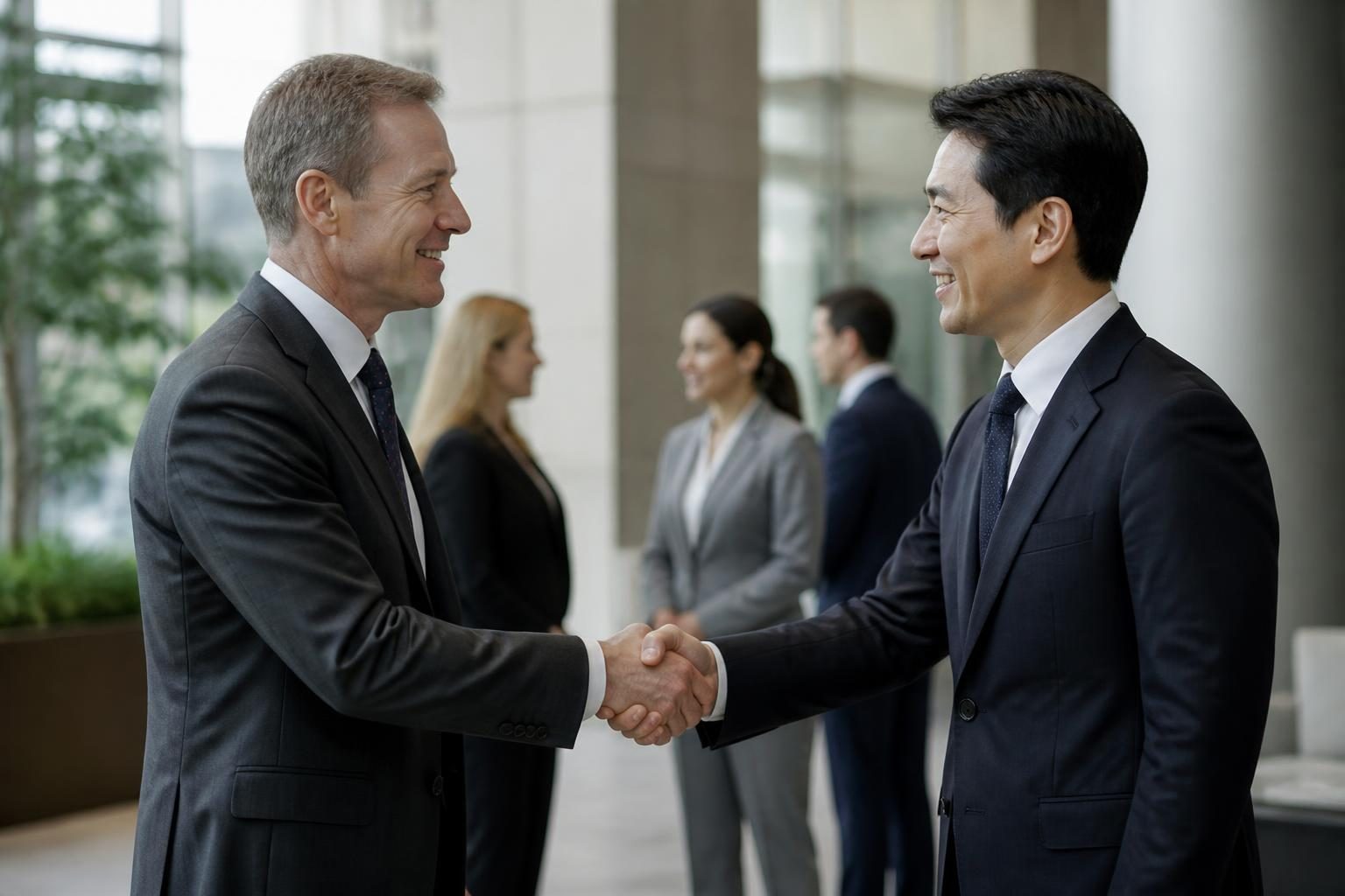 Two people in business attire shaking hands in an office