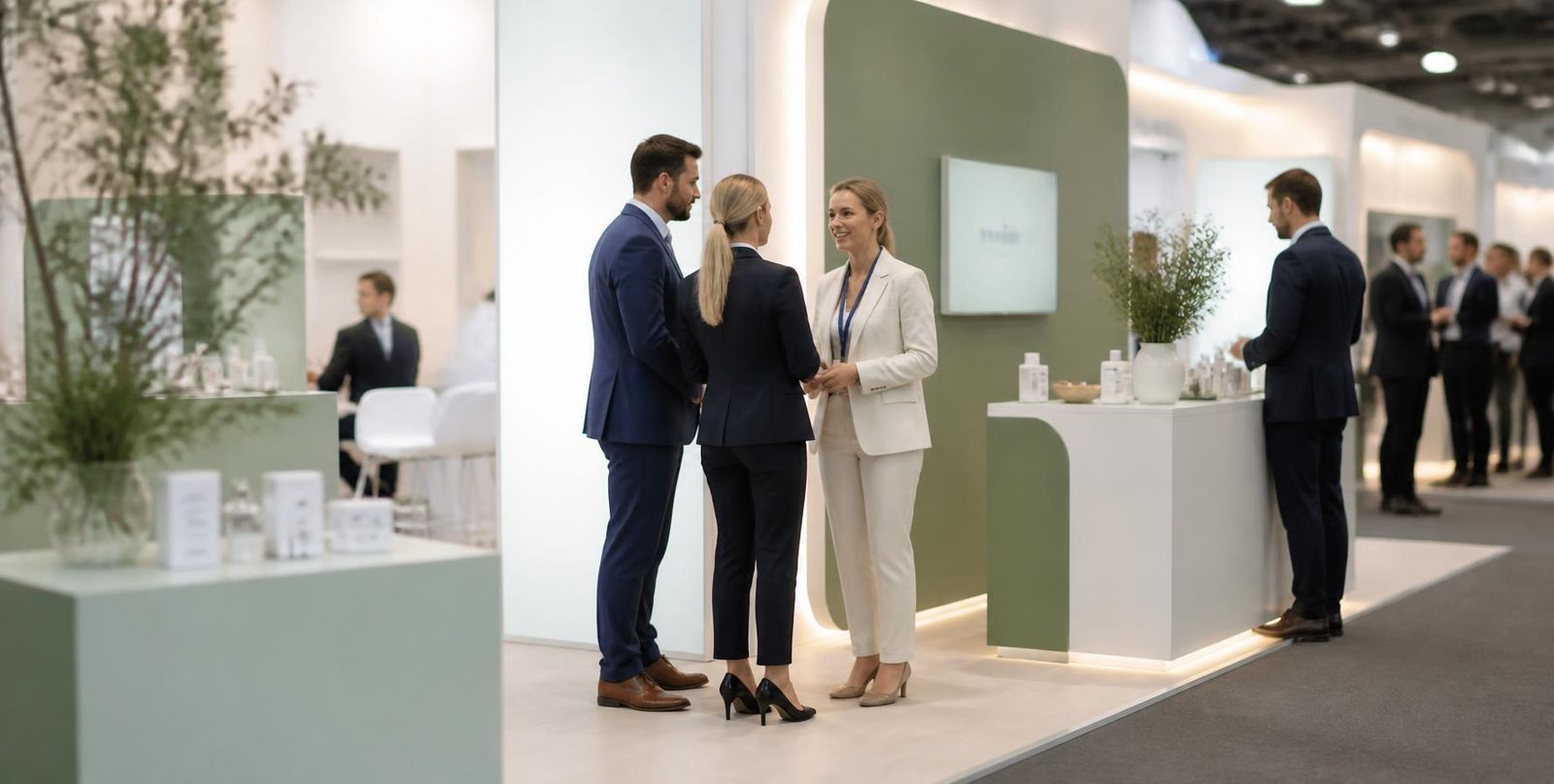 Business people meeting at a trade show stand